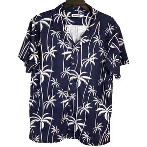 Sunsations Mens Shirt Hawaiian Print Navy Blue/White Florals XL Resort Vacations